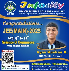 Congratulations to Vyas Kushan K. for His Outstanding JEE (Main) 2025 Score! Infocity Junior Science College at GH-O Unit is proud to celebrate the success of our student Vyas Kushan K., who has achieved an NTA Score of 91.1214510 in JEE (Main) 2025.